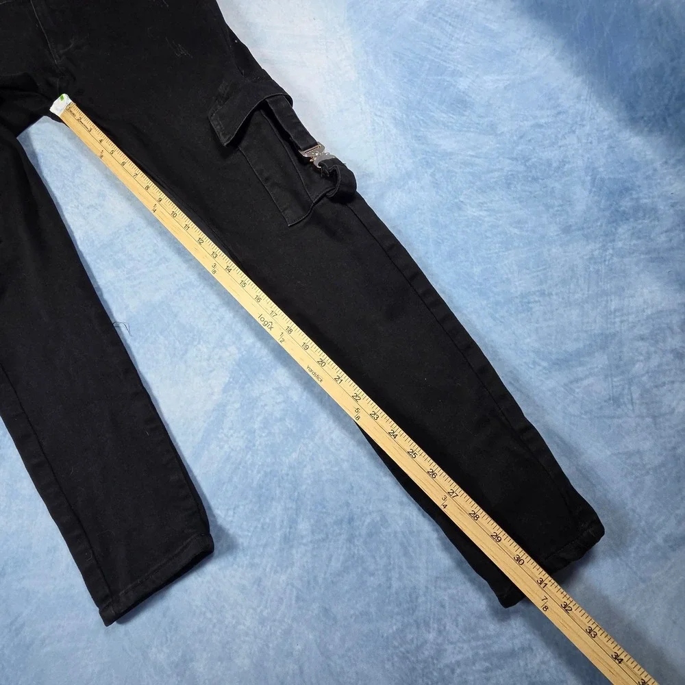THRT Denim Mens Black Cargo Jeans Slim Fit Distressed Buckle Pockets Size 32